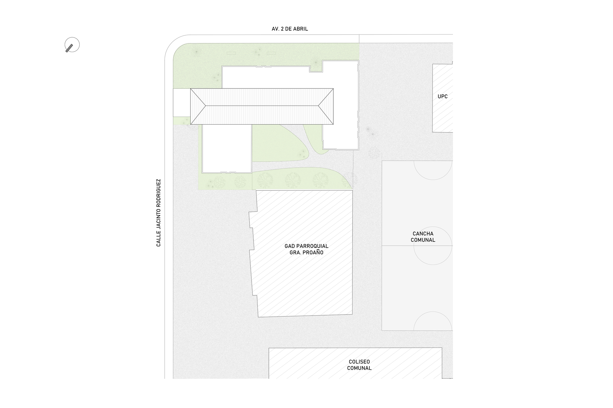 Site plan drawing showing the building footprint and surrounding landscape with adjacent streets and structures