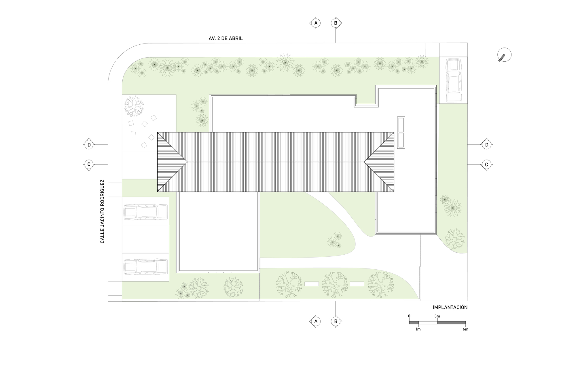 Site plan drawing with roof outline, landscaped areas, and tree symbols along the perimeter pathways