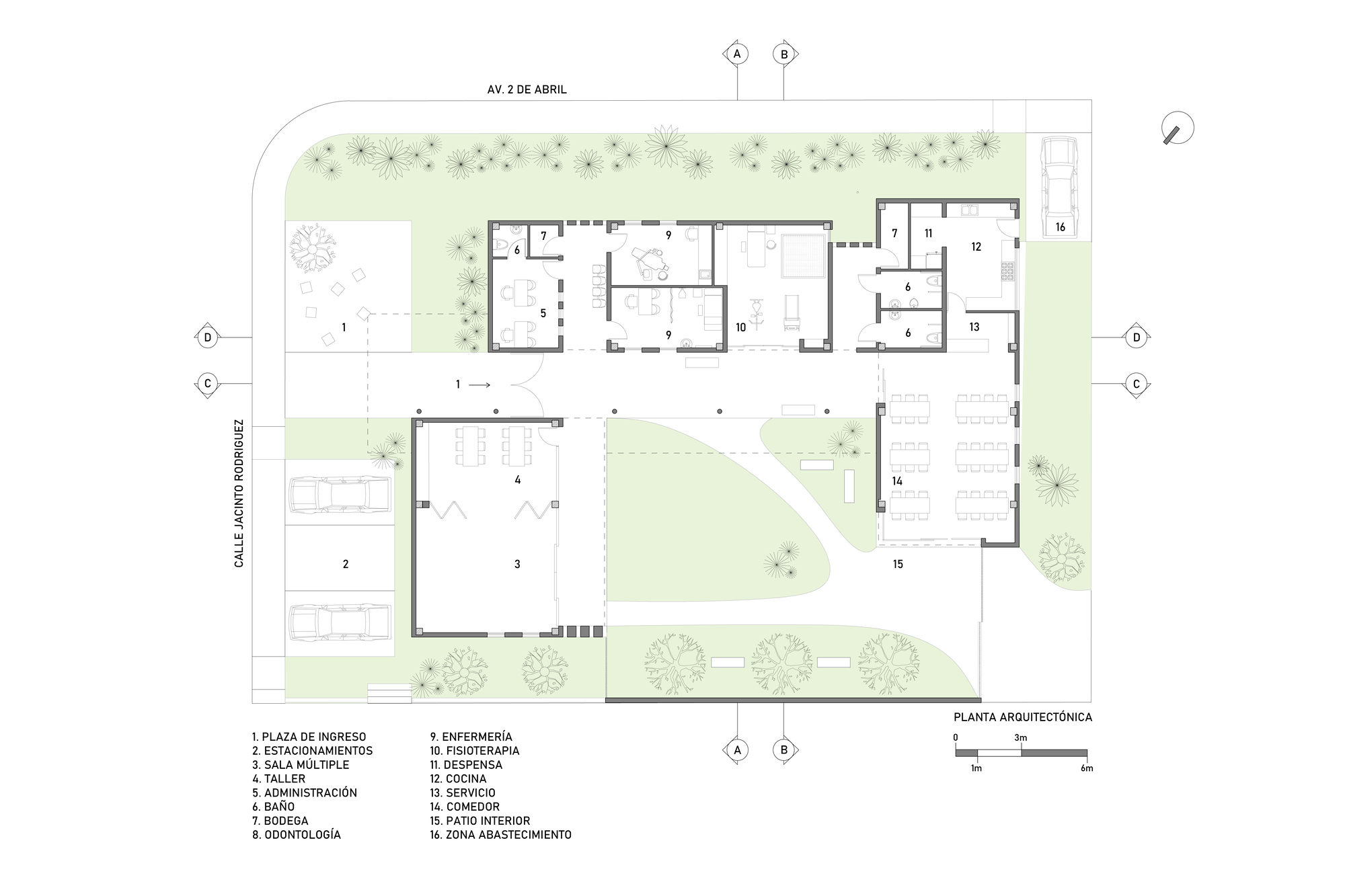 Floor plan drawing showing room layouts, circulation paths, and green spaces with labeled program zones