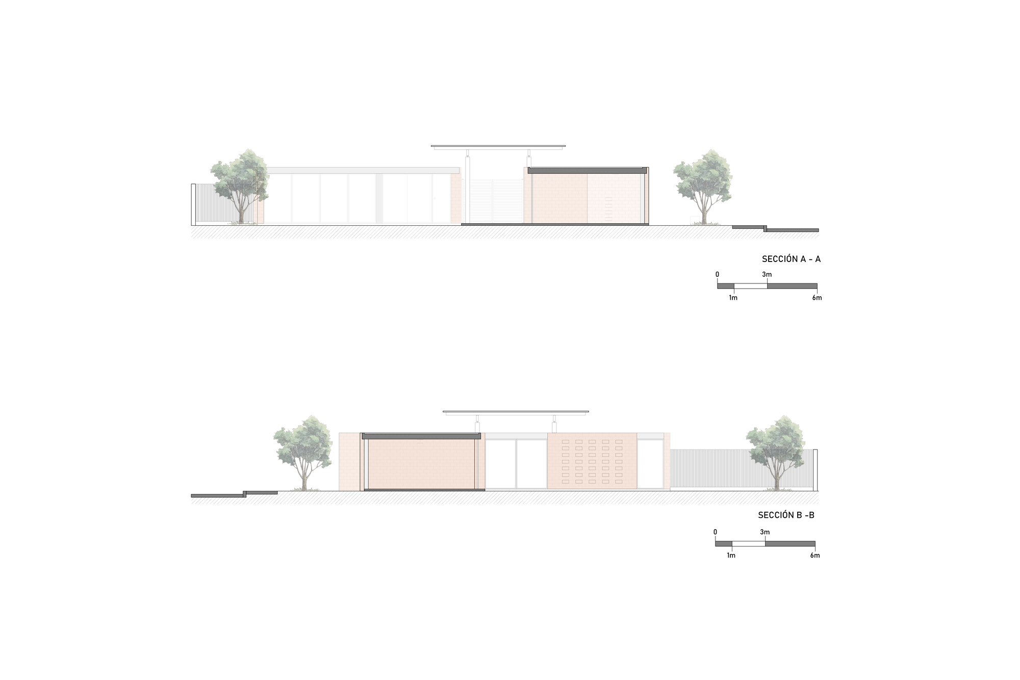 Section drawings showing the low-profile structure with flat and vaulted roofs flanked by trees