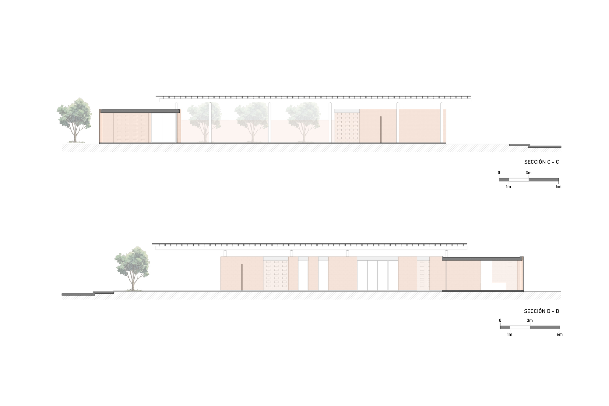 Section drawings revealing the long horizontal roofline with clerestory openings and perforated screens