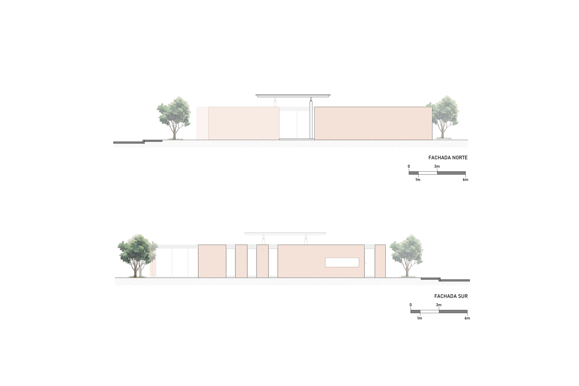 Elevation drawings of the north and south facades with peach-toned wall panels and framing trees