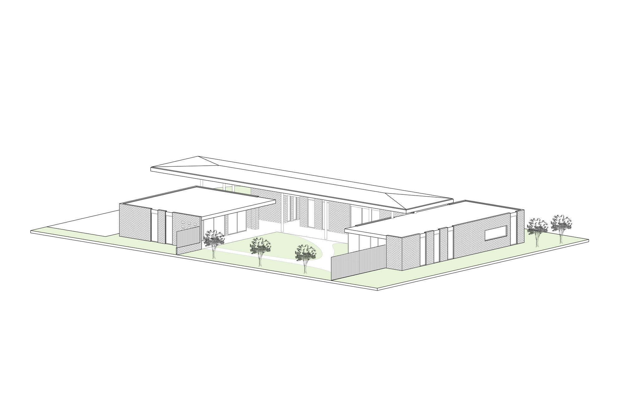 Axonometric drawing showing the courtyard-centered plan with overhanging roof and surrounding lawn