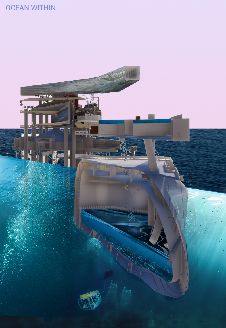 Underwater research habitat integrated into a repurposed offshore platform, connecting ocean exploration with adaptive reuse architecture.