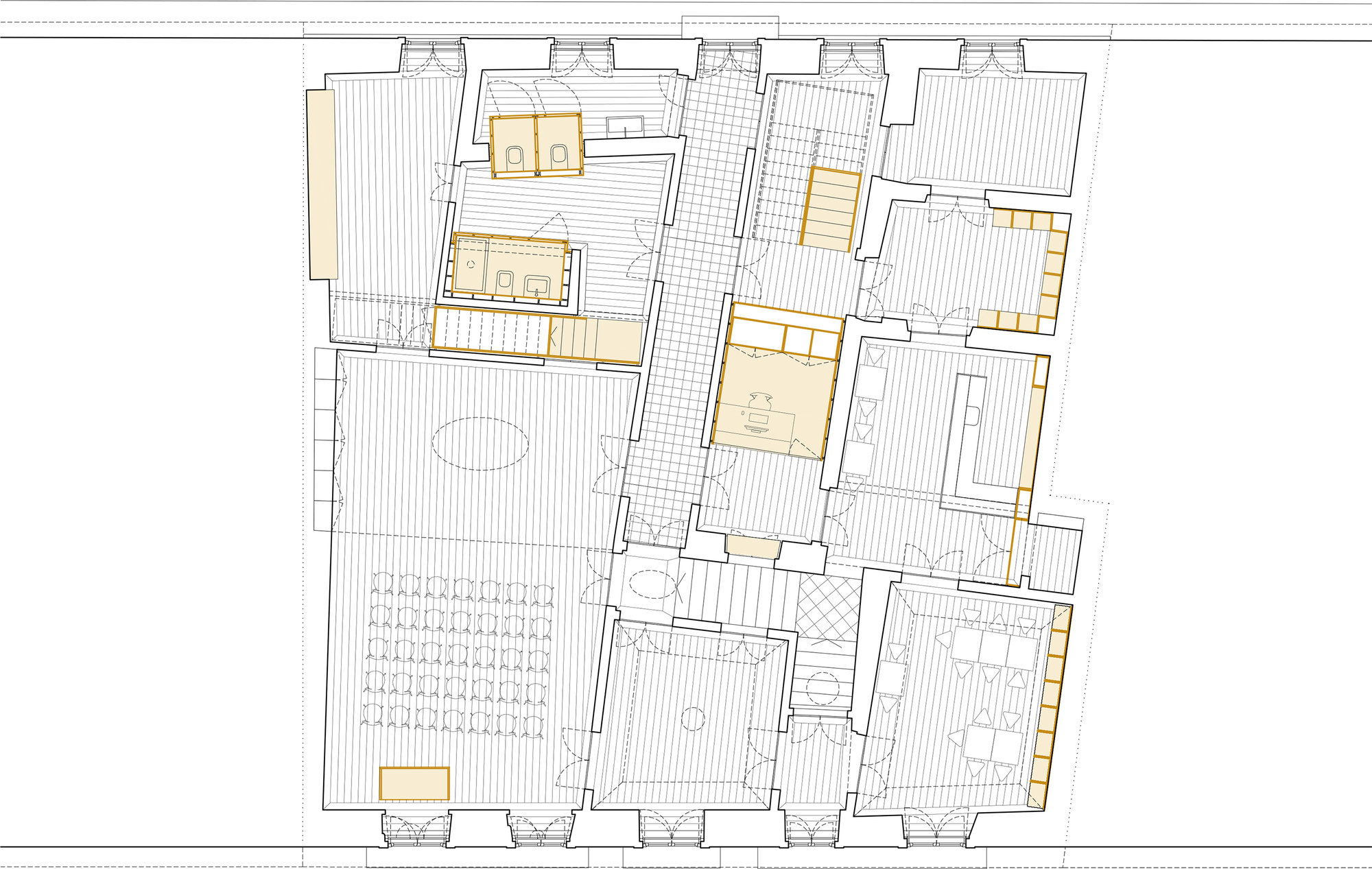 Floor plan drawing with yellow-highlighted circulation zones showing a central corridor and terrace areas