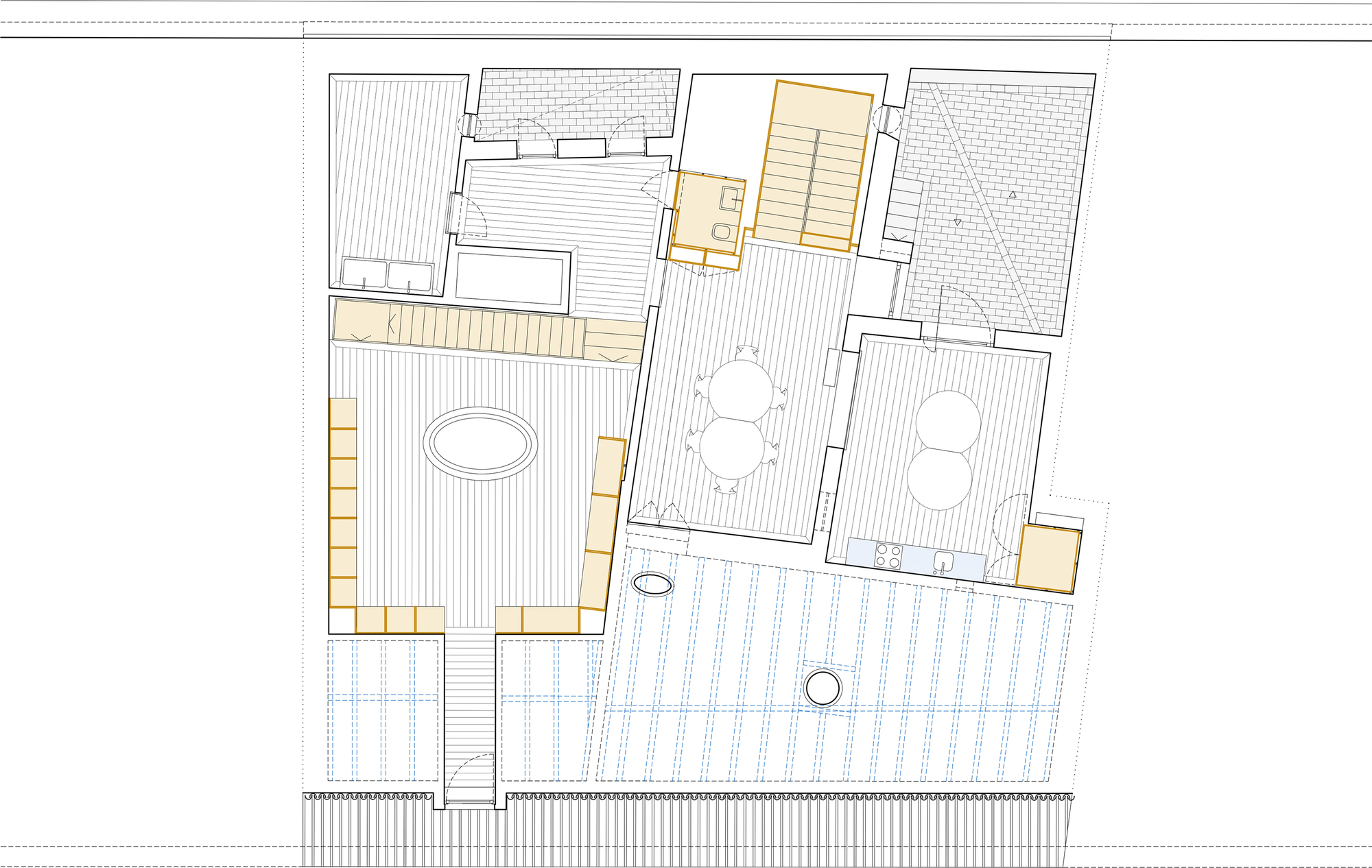 Floor plan drawing showing a terrace with stair access and interconnected interior rooms