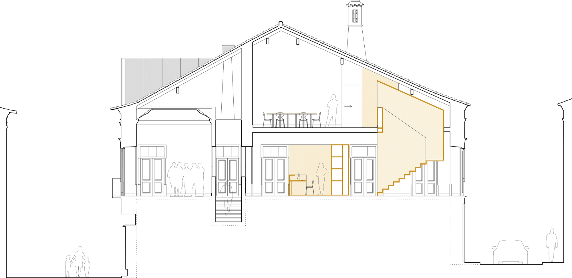 Section drawing revealing double-height spaces with a staircase and pitched roof with tower