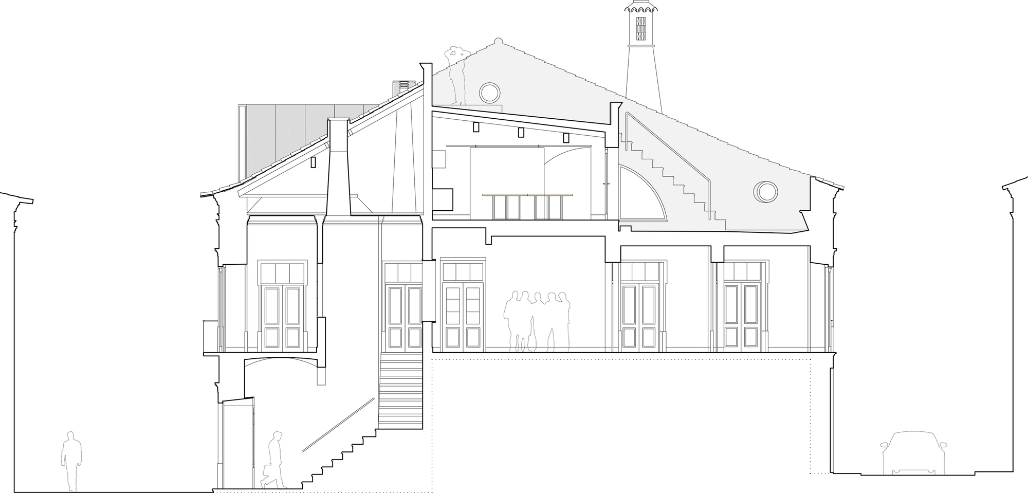 Section drawing showing interior levels with arched ceiling vaults and external stairs
