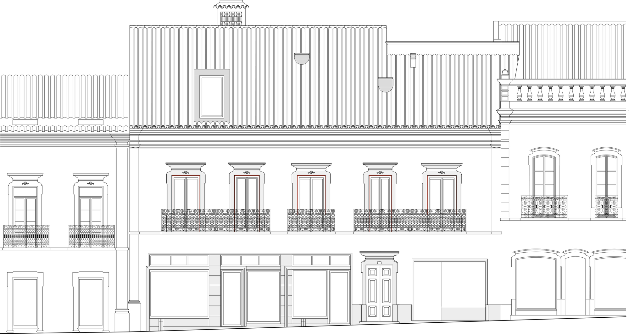 Elevation drawing of a two-story facade with five tall windows and ornamental ironwork balconies