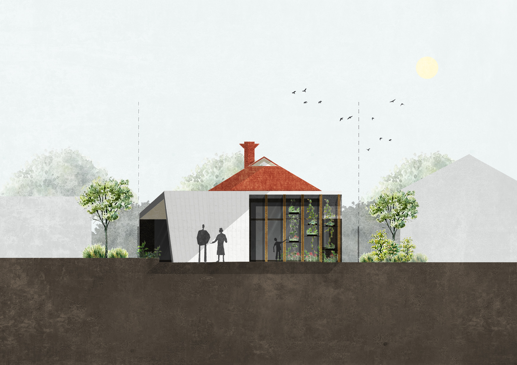 Section drawing illustrating the red tiled roof pavilion and glazed extension with figures and trees