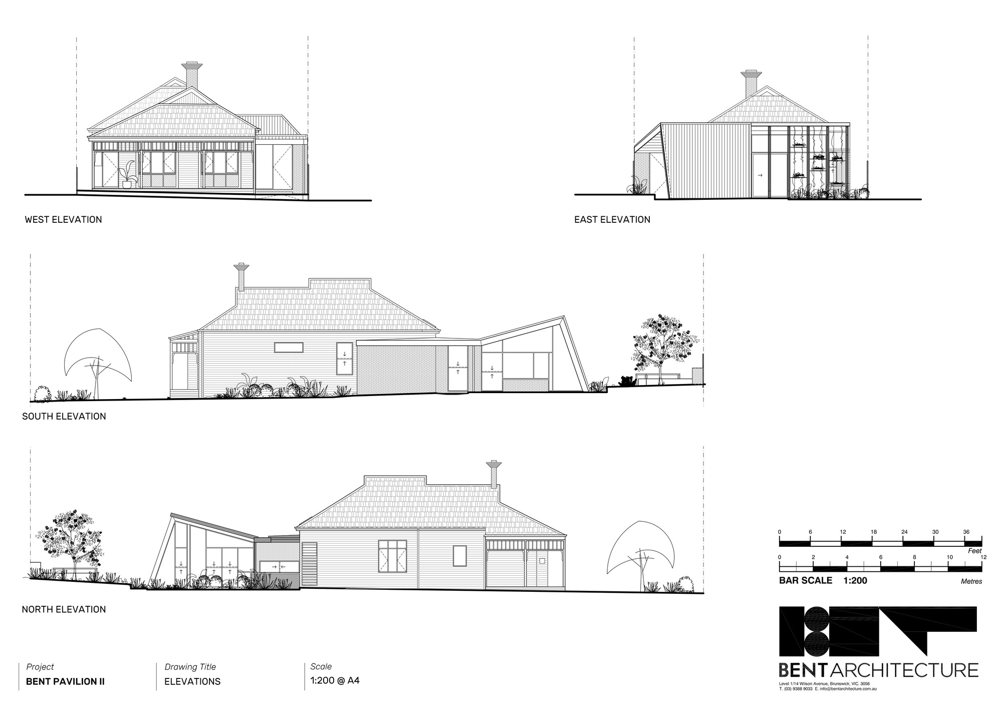 Elevation drawings showing west, east, south and north facades with tiled roof and chimney