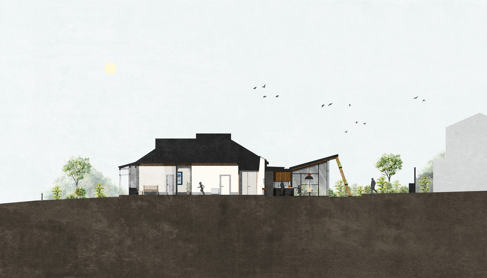 Section drawing revealing two residential volumes with pitched roofs connected by glazed passages among scattered trees