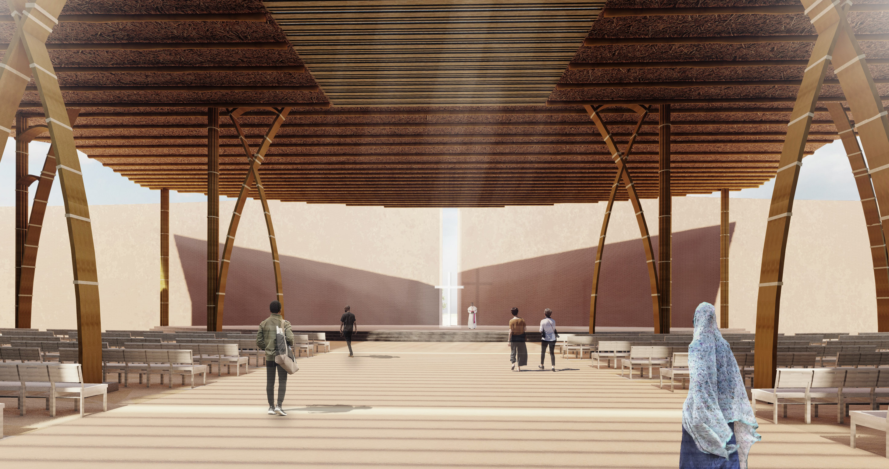 Bamboo structures and filtered daylight shape a serene worship environment rooted in Ethiopian building traditions.