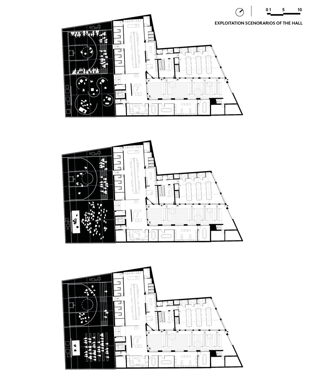 Floor plan drawings showing three scenarios for hall usage with basketball court and seating arrangements