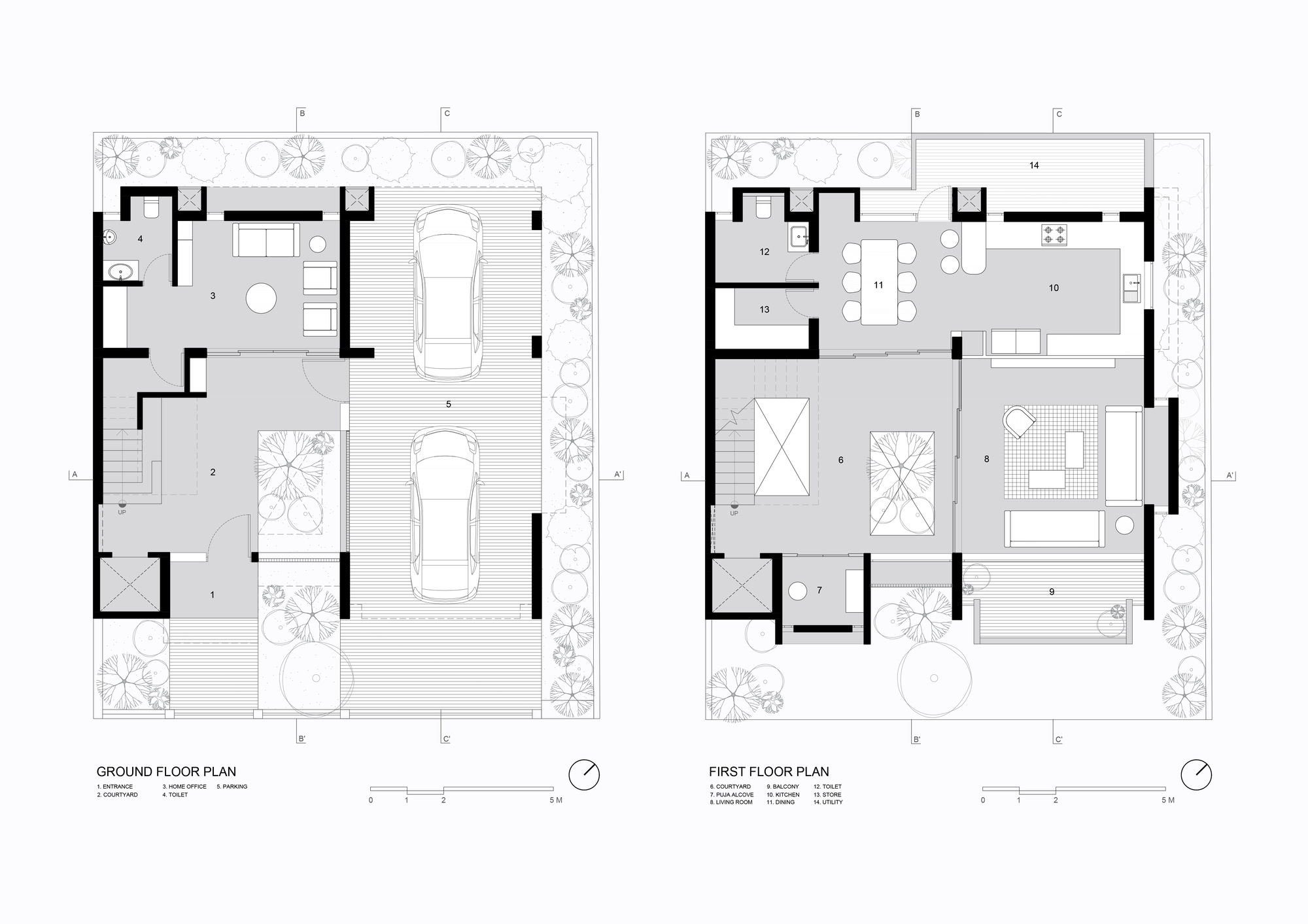 Ground and first floor plan drawings showing the parking garage with two vehicles and upper living spaces with terraces