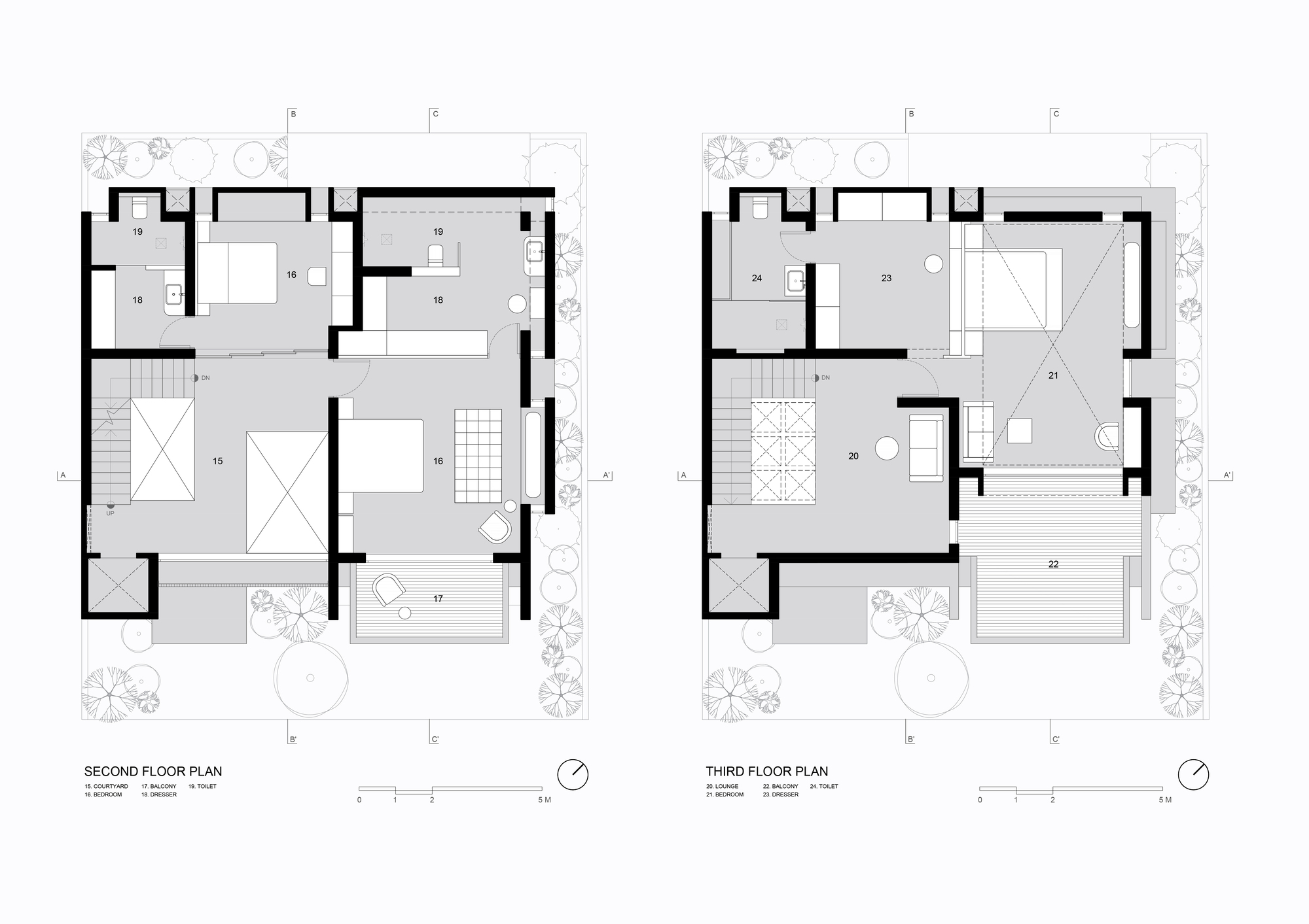 Second and third floor plan drawings showing bedroom layouts and a rooftop terrace with open-air space