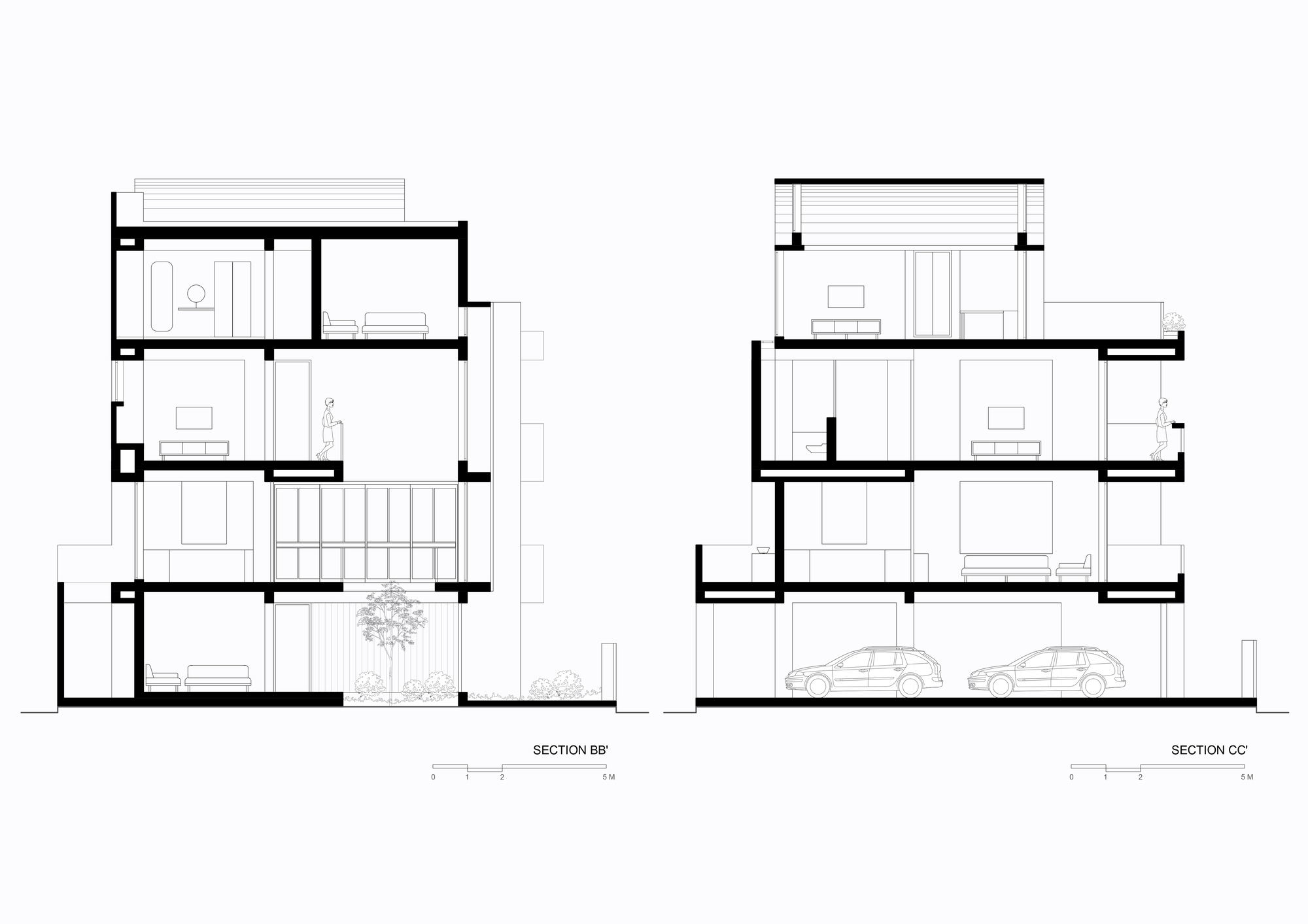 Section drawings showing the four-storey interior arrangement with double-height spaces and staircase connecting all levels