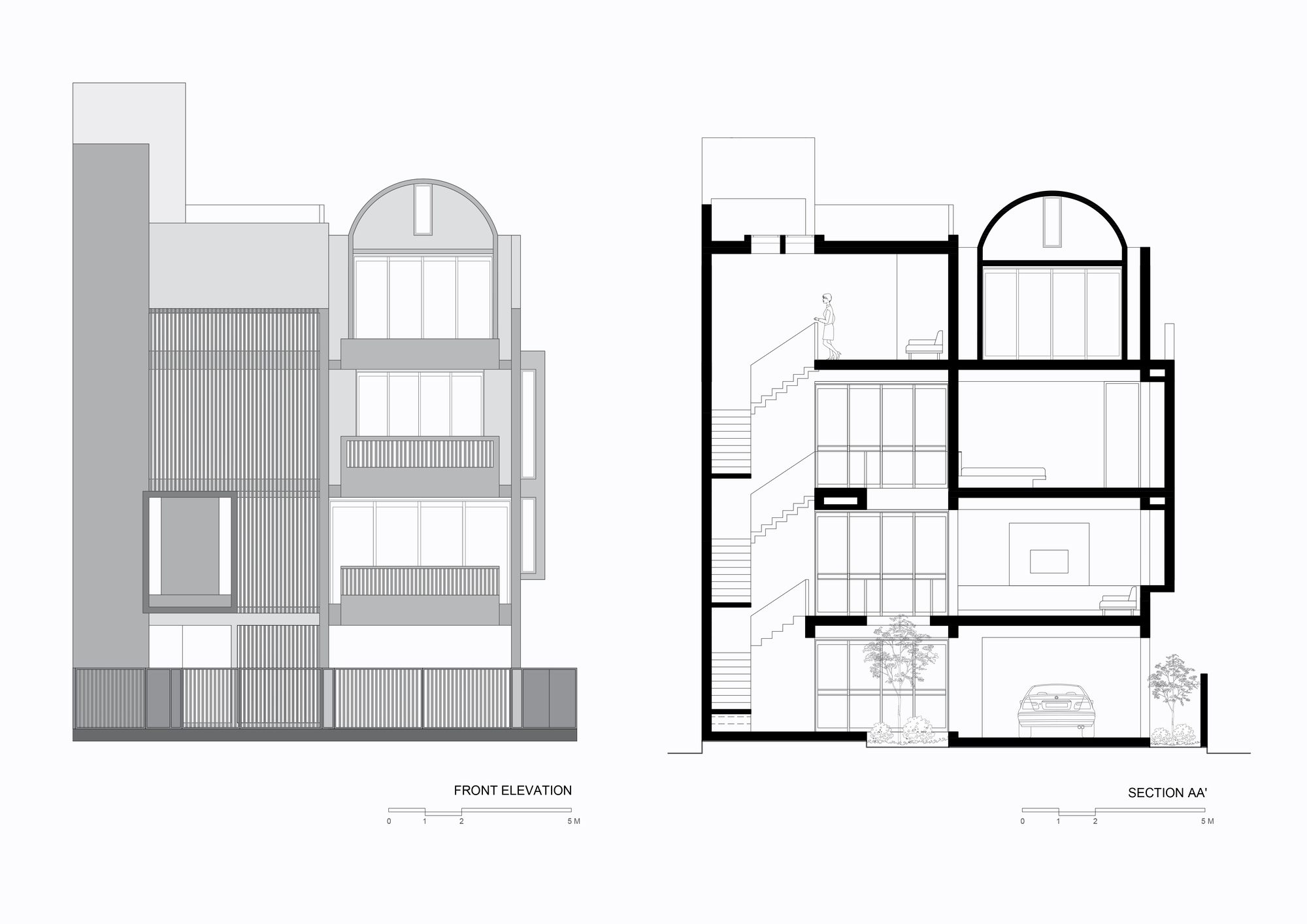 Front elevation and section drawings showing the arched openings, horizontal louvres, and central void with planted courtyard