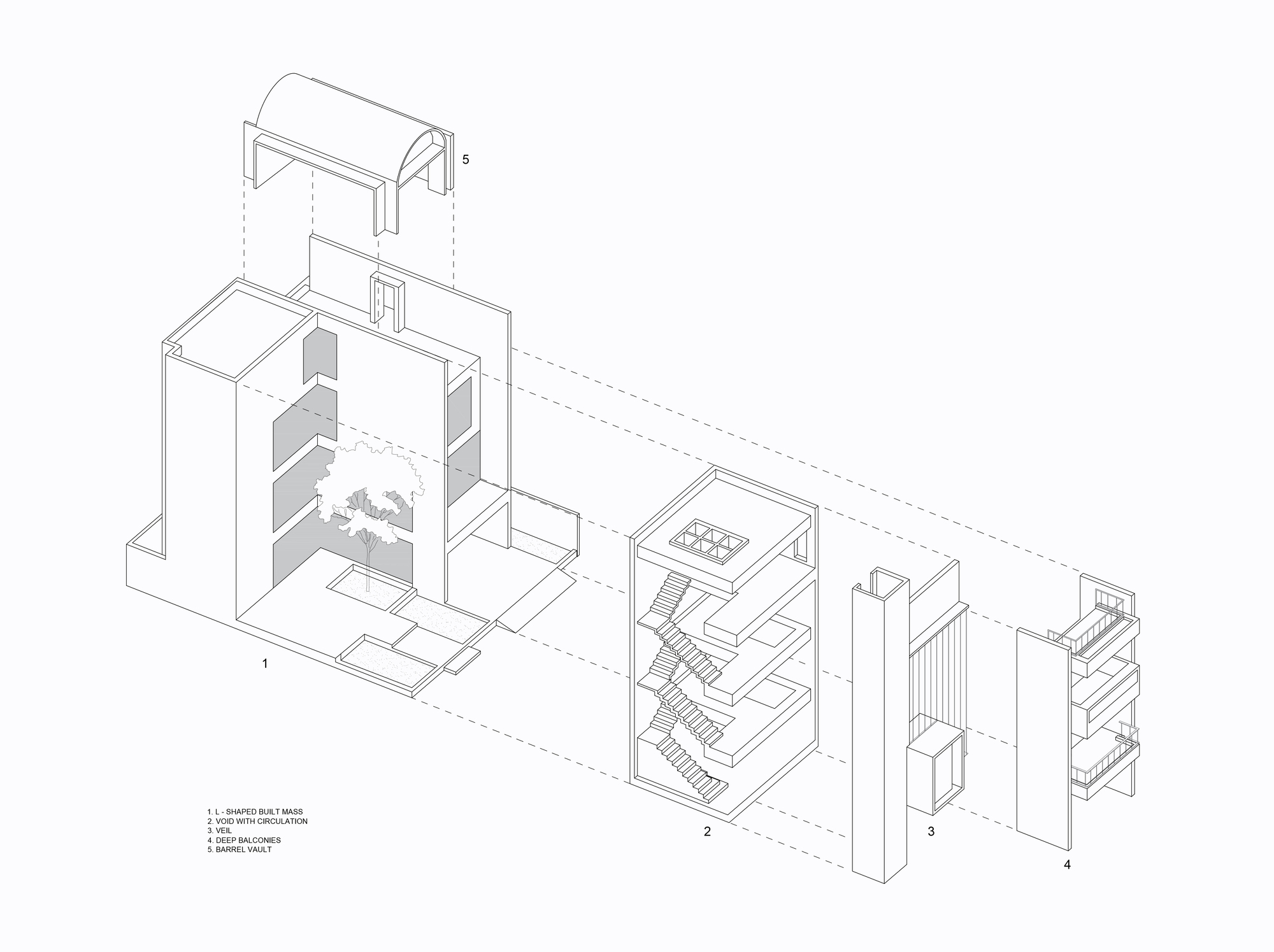 Exploded axonometric drawing showing the layered assembly of walls, stairs, and a rooftop structure