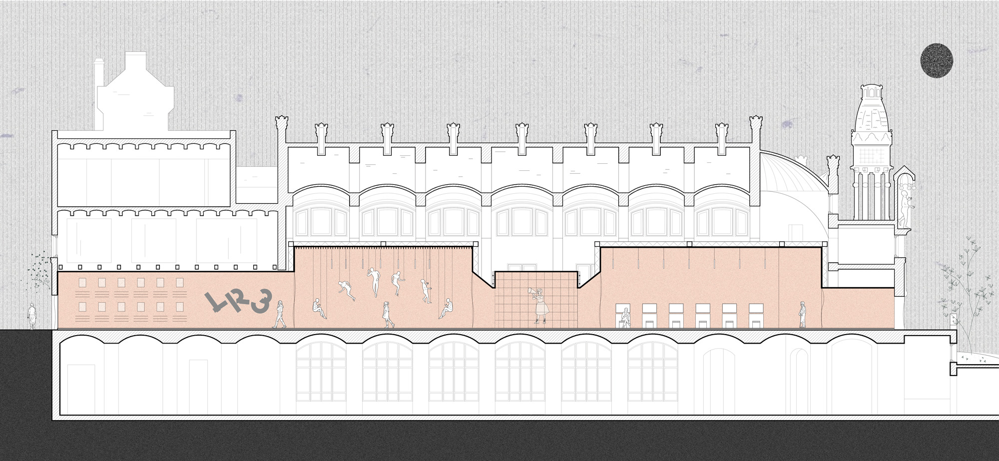 Longitudinal section drawing revealing arcaded galleries, vaulted ceiling and circulation routes