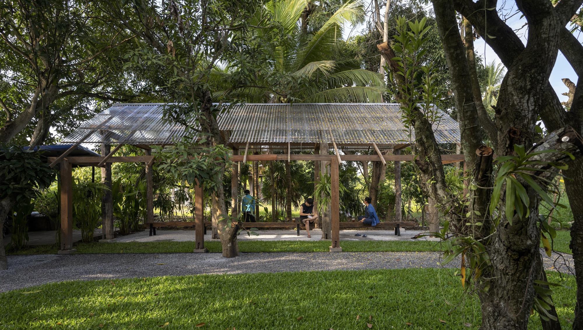 Open-sided timber pavilion with corrugated metal roof sheltering a workspace among trees and tropical plants