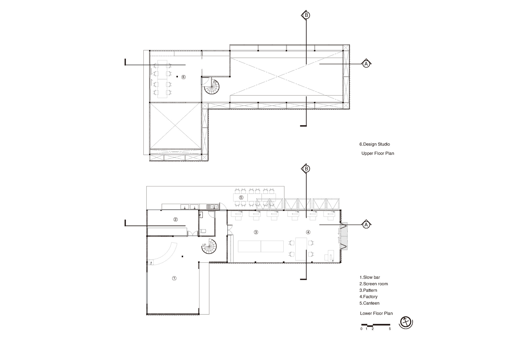 Floor plan drawings showing upper and lower levels with stair and room layout