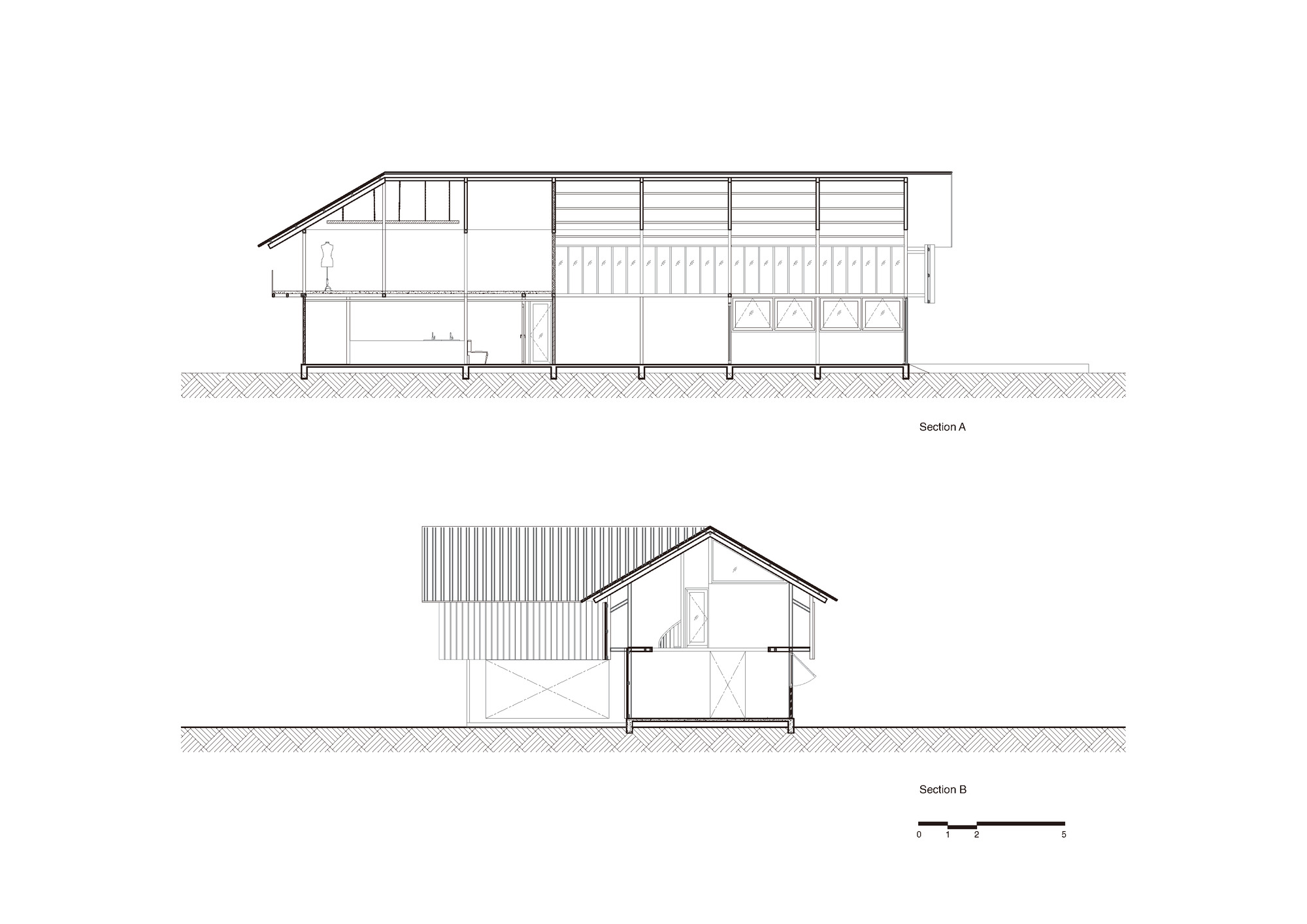 Building section drawings showing interior spatial arrangements and pitched roof profile