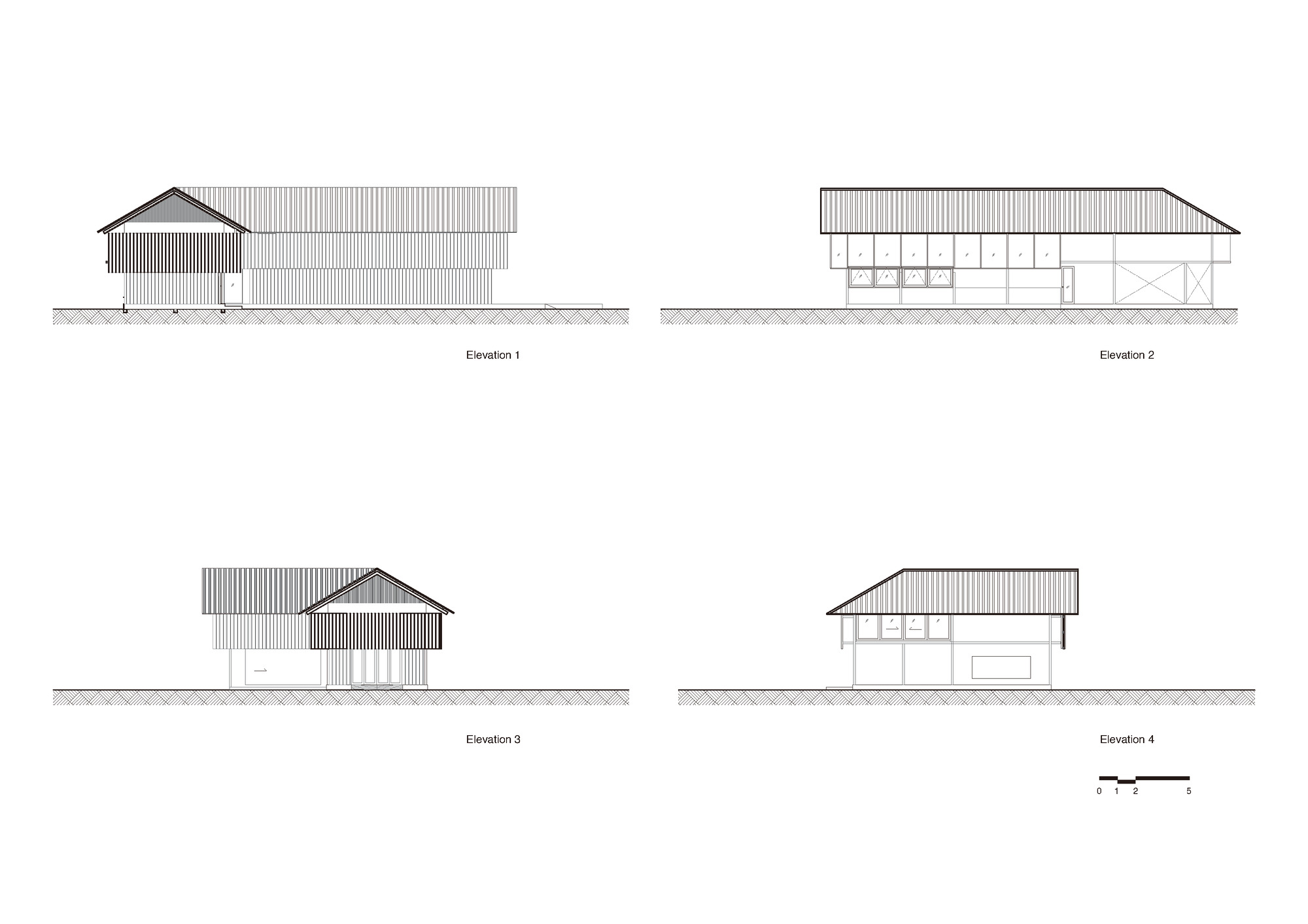 Elevation drawings showing four views of a gabled structure with vertical siding and varying window configurations