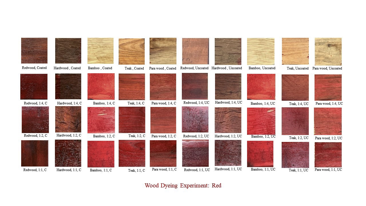 Chart displaying red wood dye experiments on various species with labeled coating and stain variations