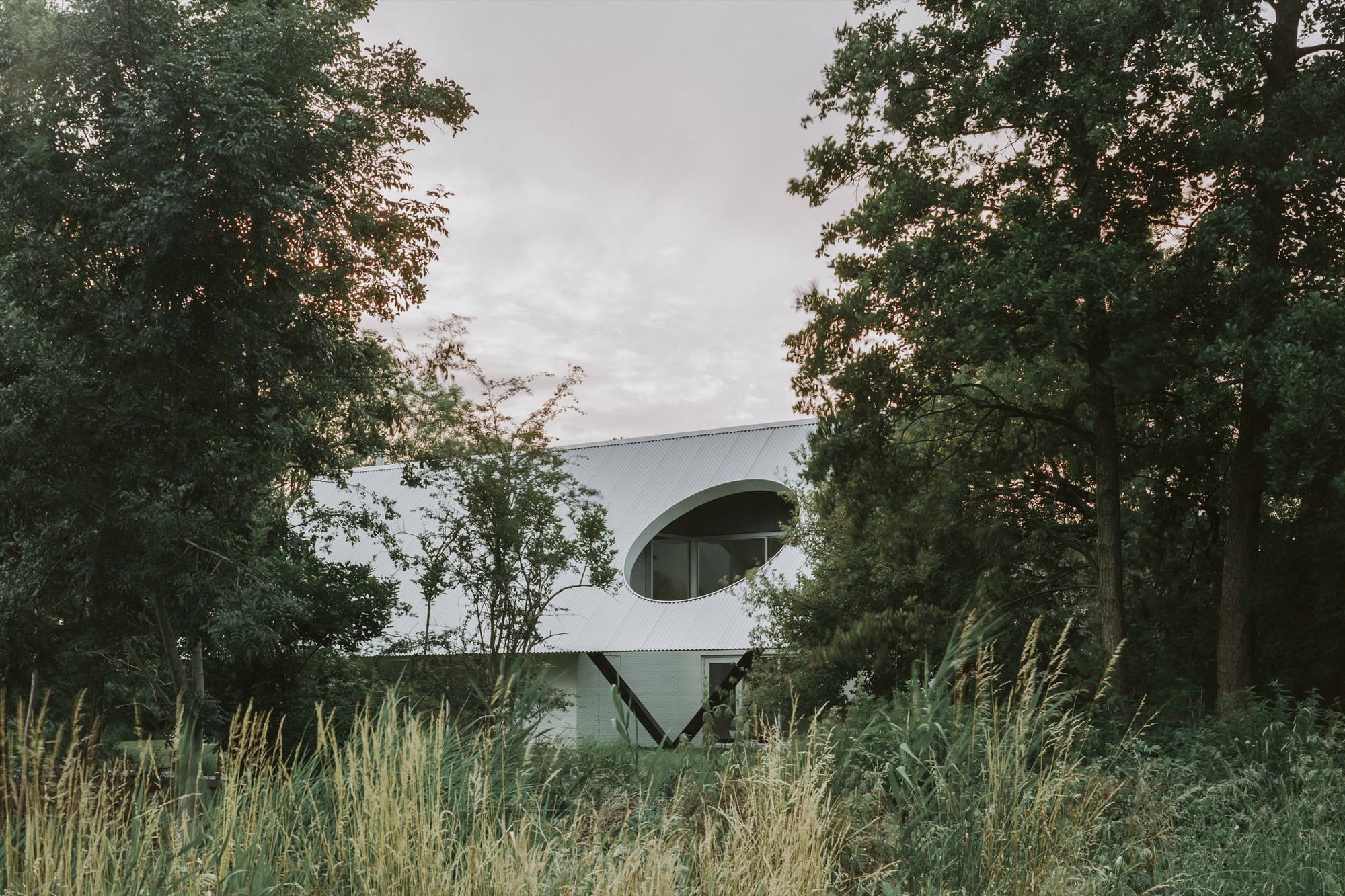 White corrugated metal facade with circular opening framed by tall trees and wild grasses at dusk