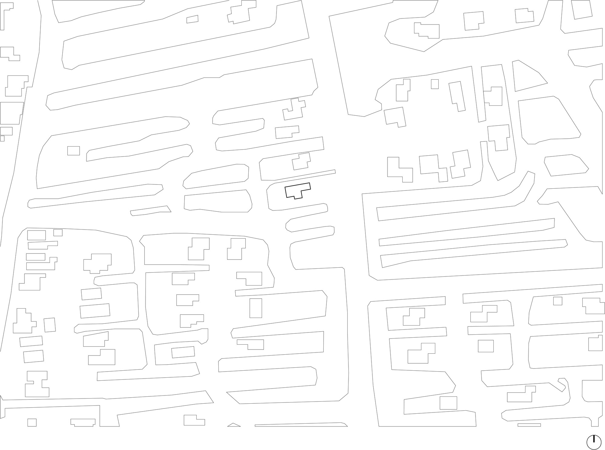 Site plan drawing showing building footprints and street layout in line art