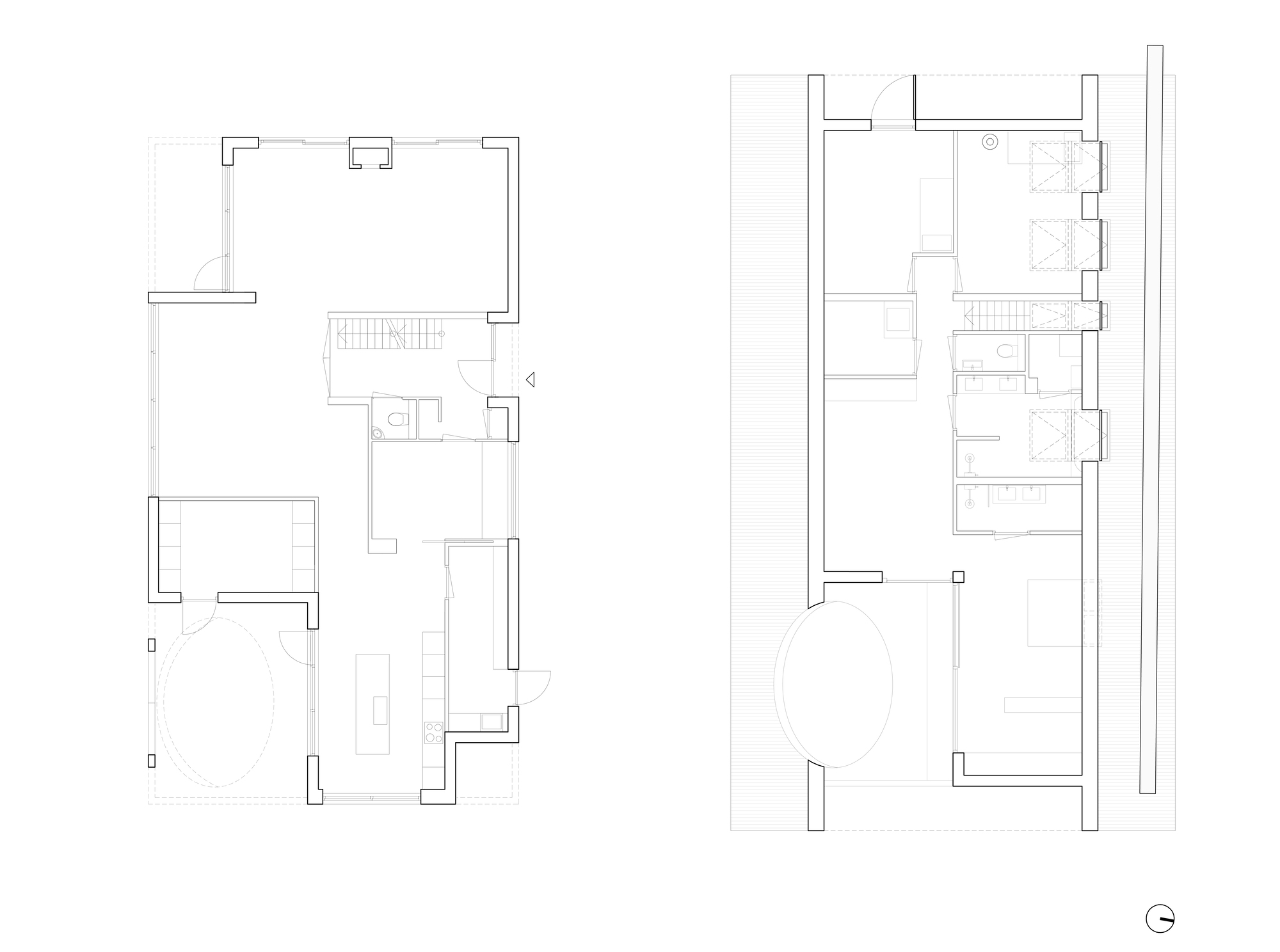 Floor plan drawings displaying ground and upper levels with central curved element