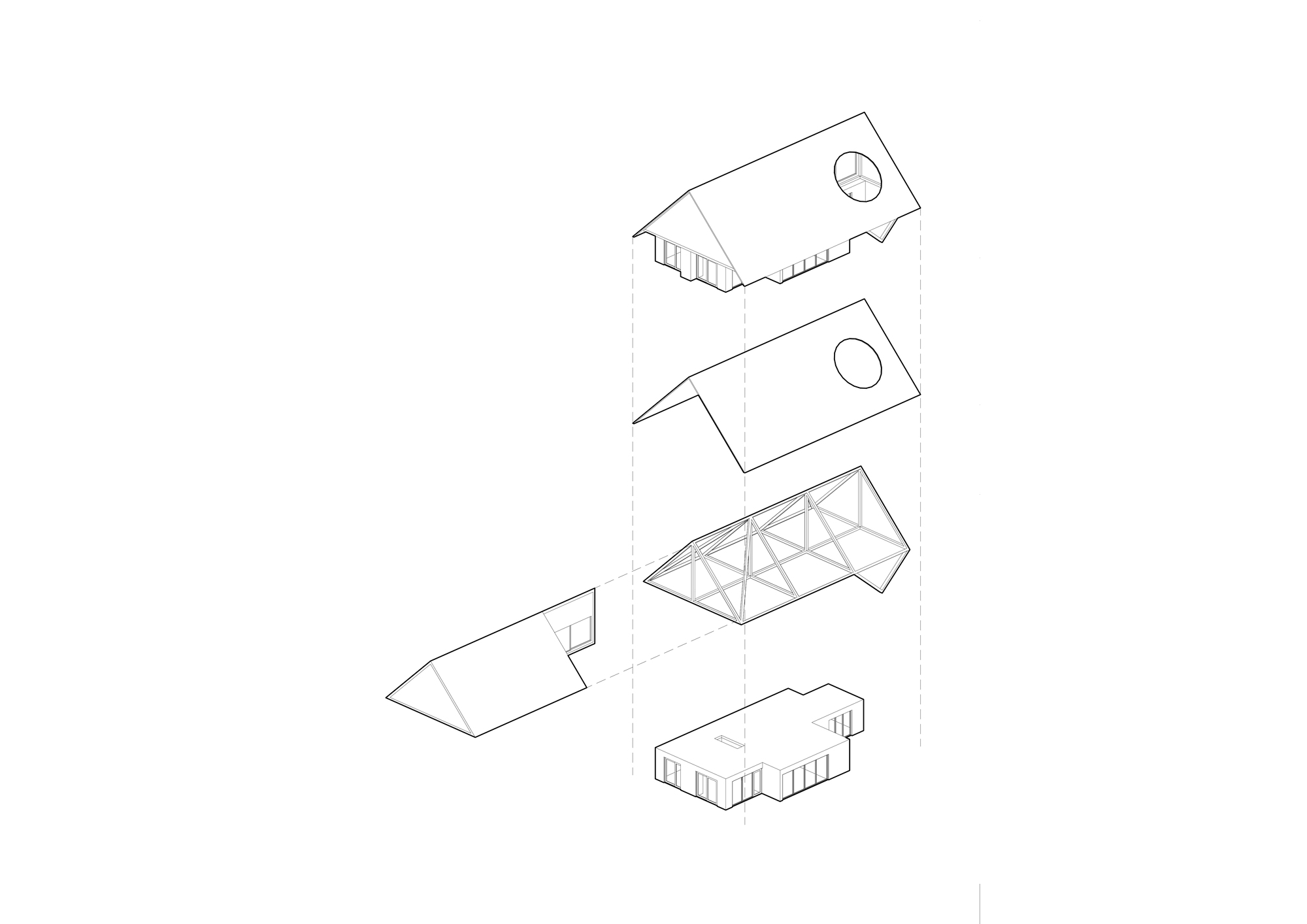 Exploded axonometric drawing showing five building volumes including two pitched roof forms and a triangulated glazed pavilion