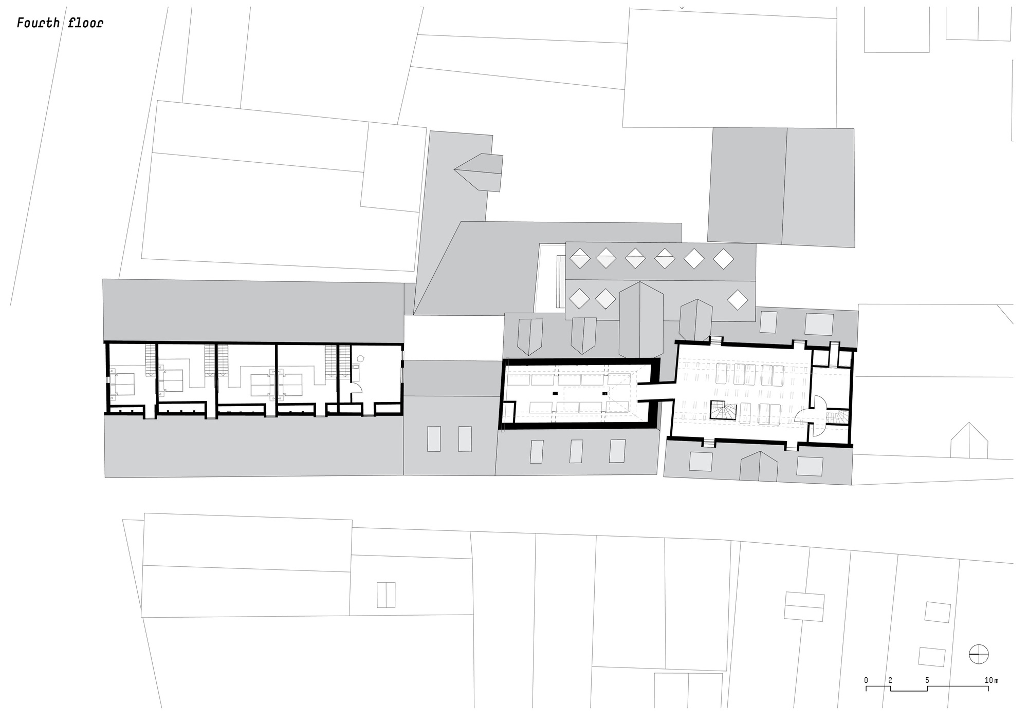 Fourth floor plan drawing showing reduced footprint with rooftop terrace and enclosed dining area
