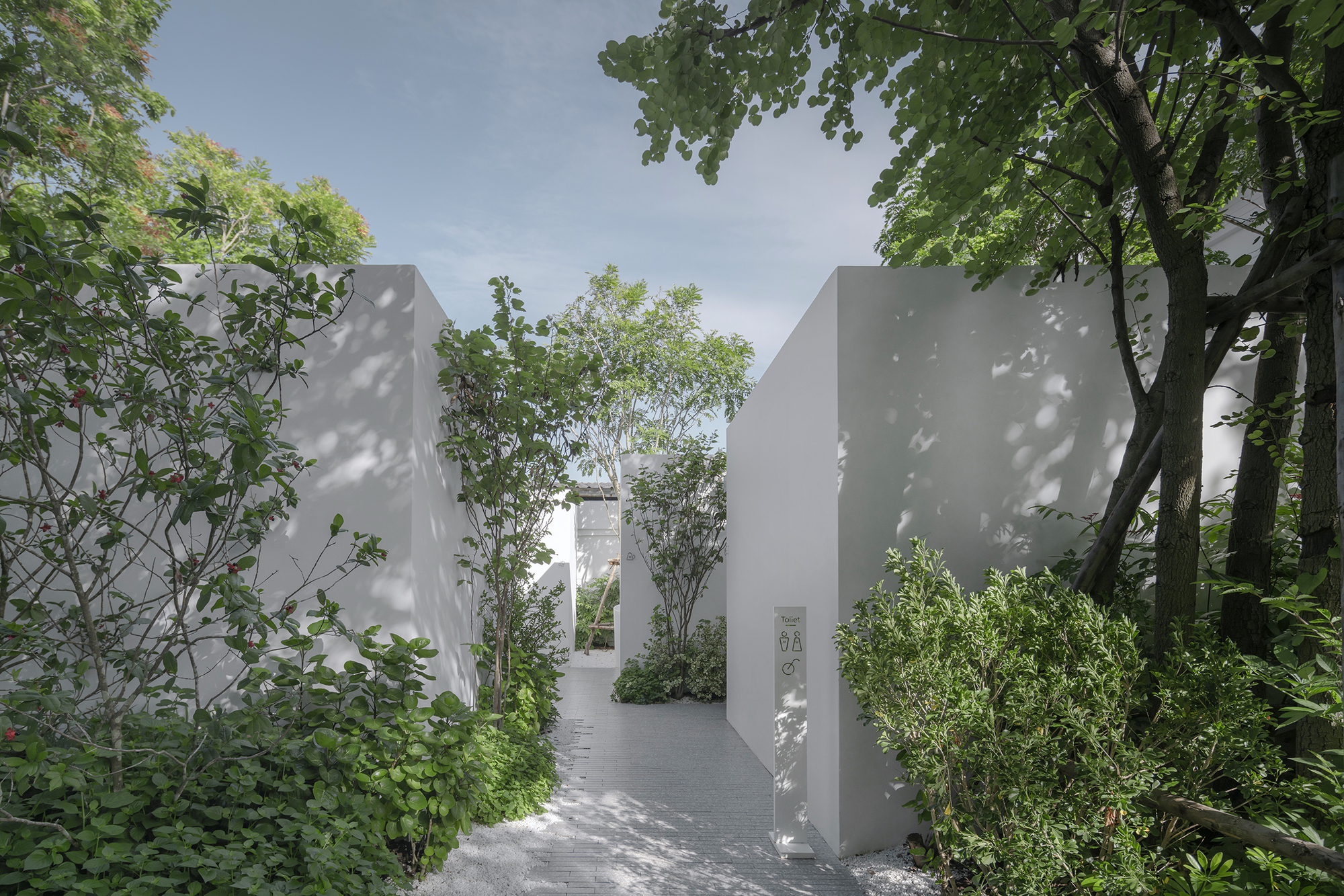 White angled walls framing a garden pathway with dappled sunlight filtering through the tree canopy