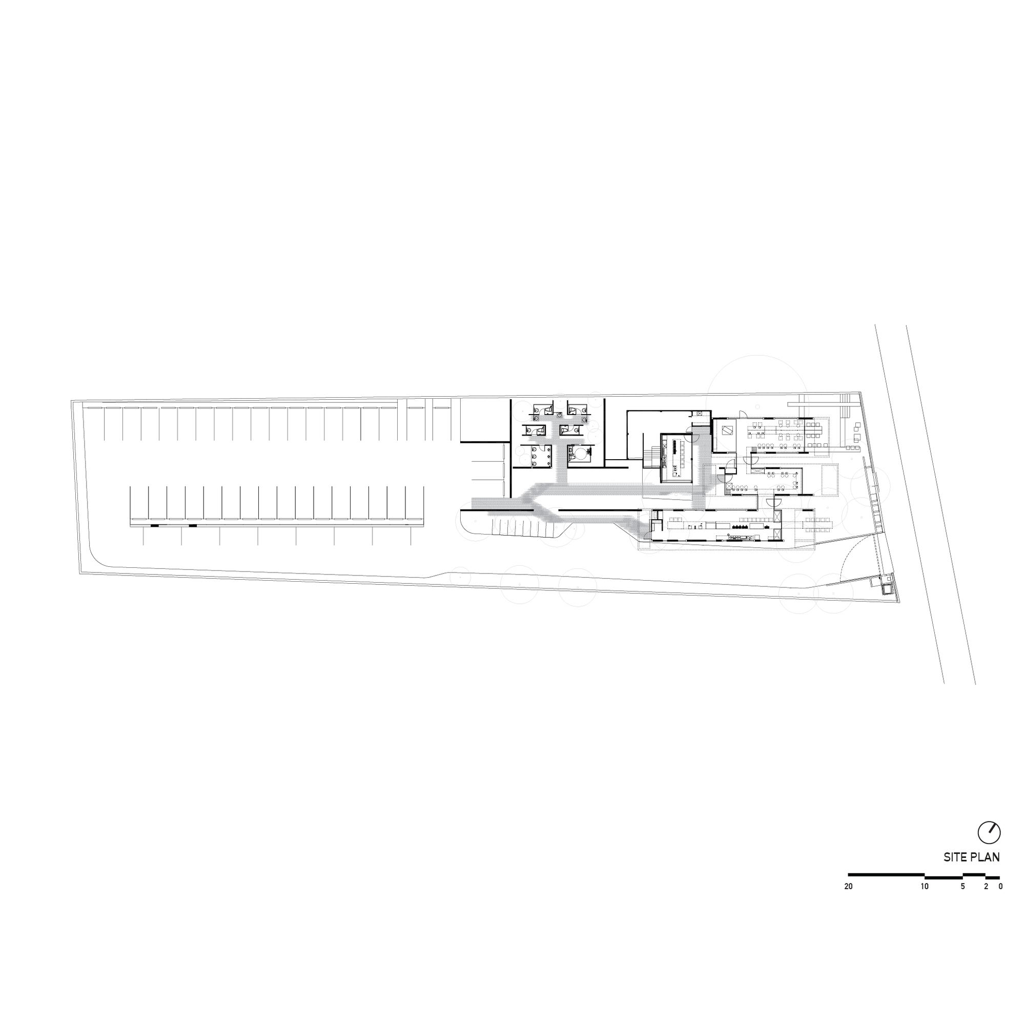 Site plan drawing showing a linear parking area and rectangular building footprint on an angled lot