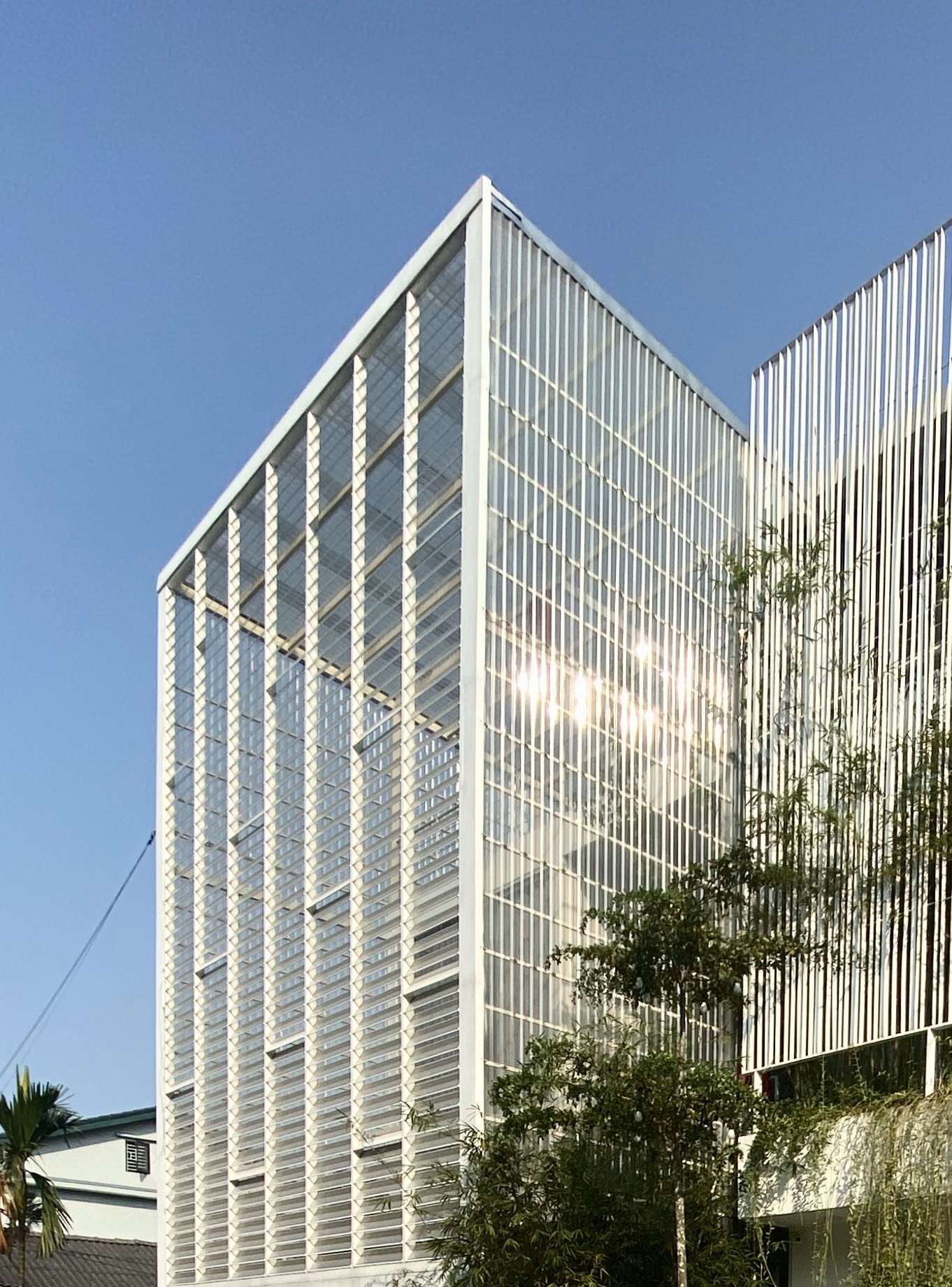 White vertical louver facade with horizontal brise-soleil framing under clear blue sky with adjacent bamboo plantings