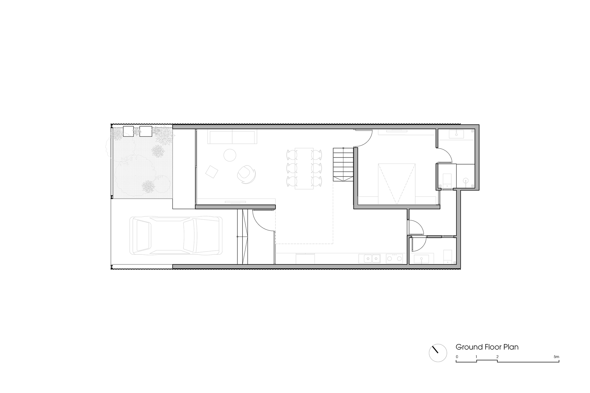 Ground floor plan drawing showing carport, living and dining areas, bedroom, and entry sequence
