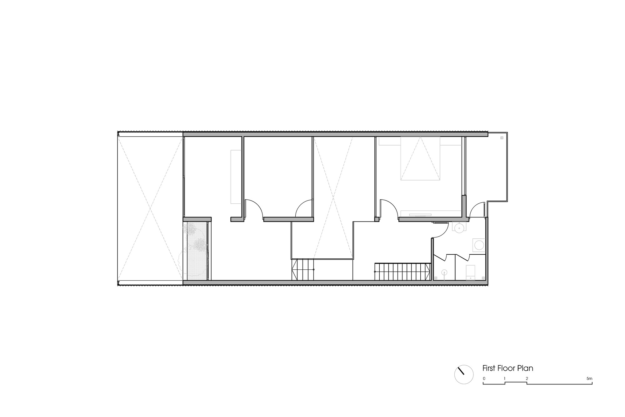 First floor plan drawing showing bedroom layout with ensuite and staircase access points