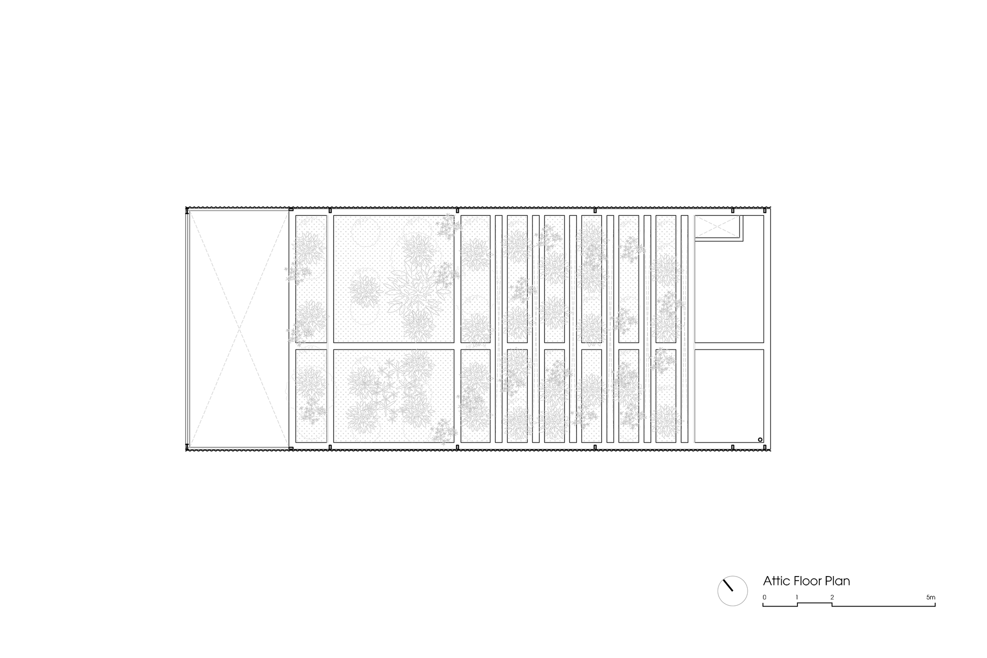 Attic floor plan drawing illustrating rooftop terraces and timber decking zones