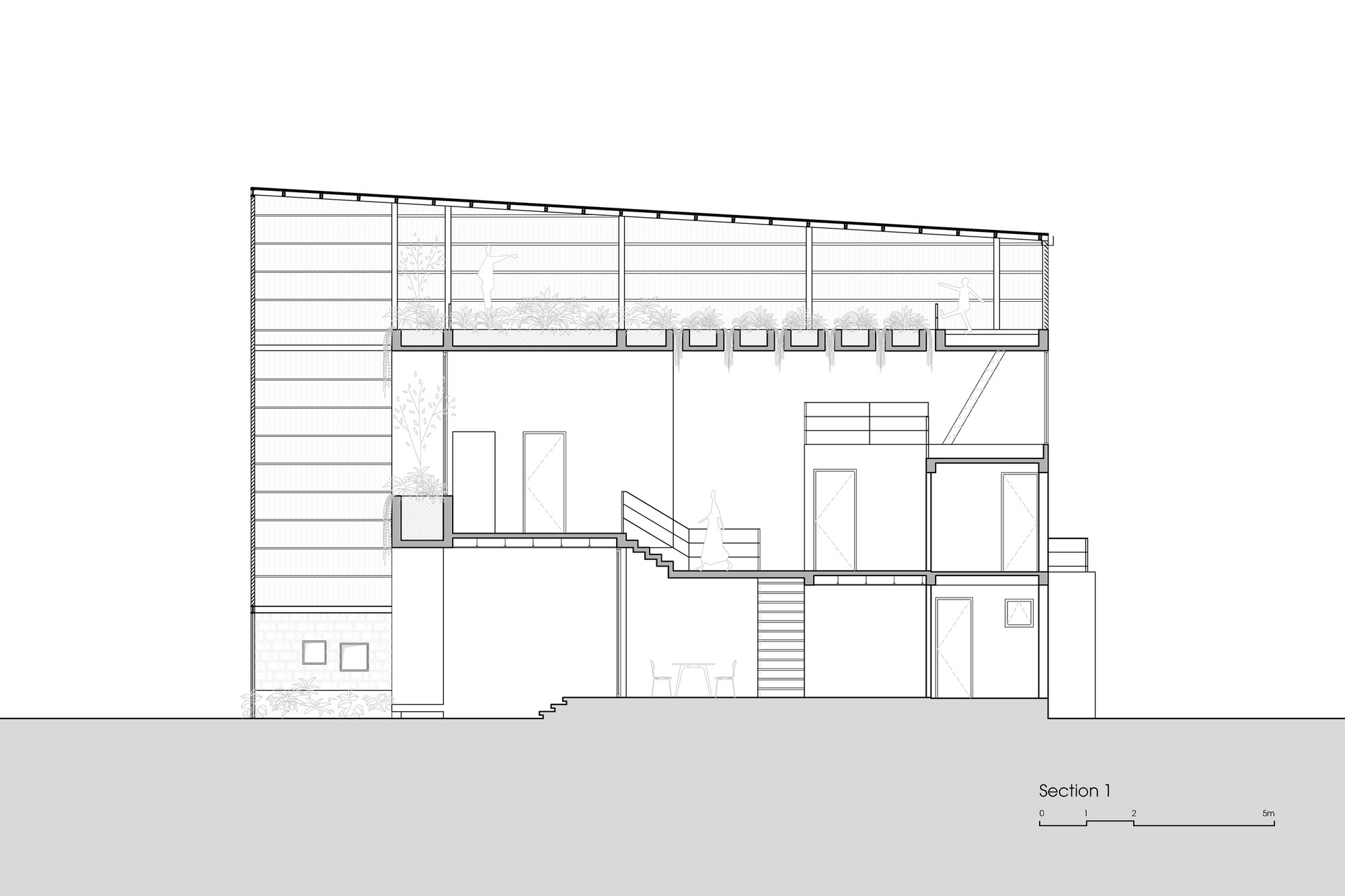 Longitudinal section drawing revealing the staggered floor levels and rooftop planting beds