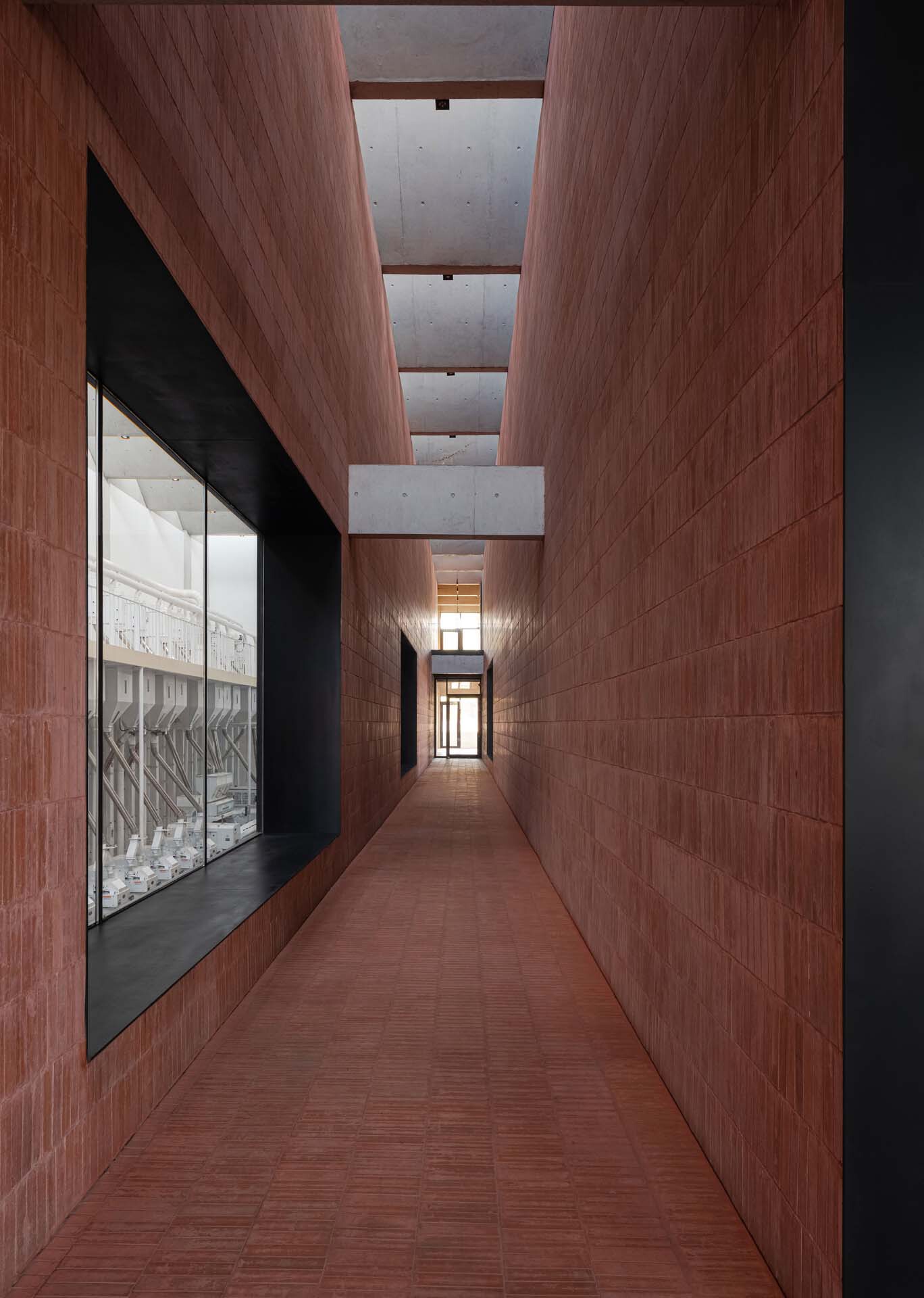 Narrow hallway clad in reddish timber panels with concrete ceiling beams and glazed display case