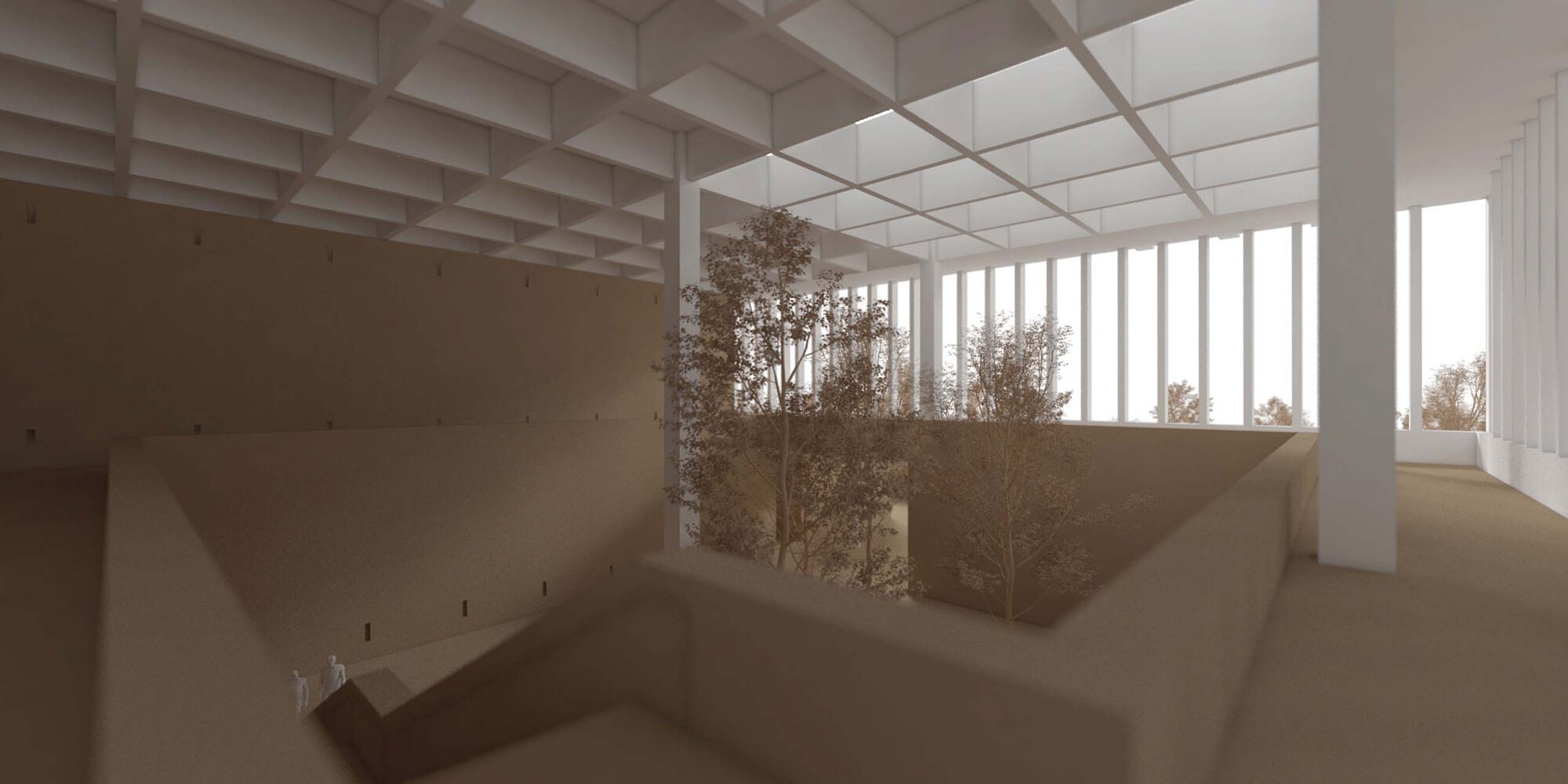 Interior view of the coffered ceiling above a curving ramp with vertical louvers framing planted courtyard