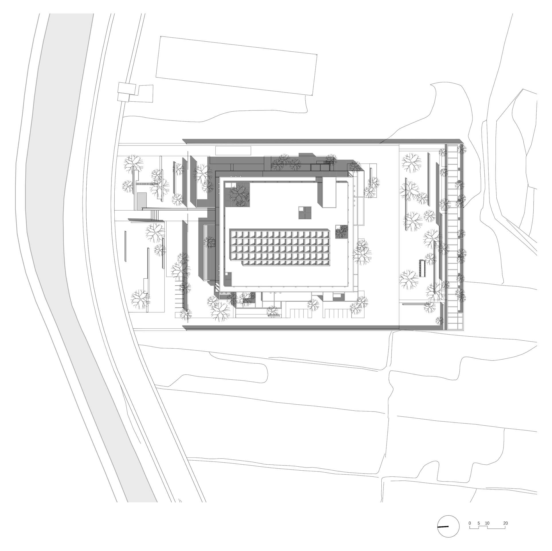 Site plan drawing showing the rectangular building with central courtyard surrounded by planted terraces and pathways