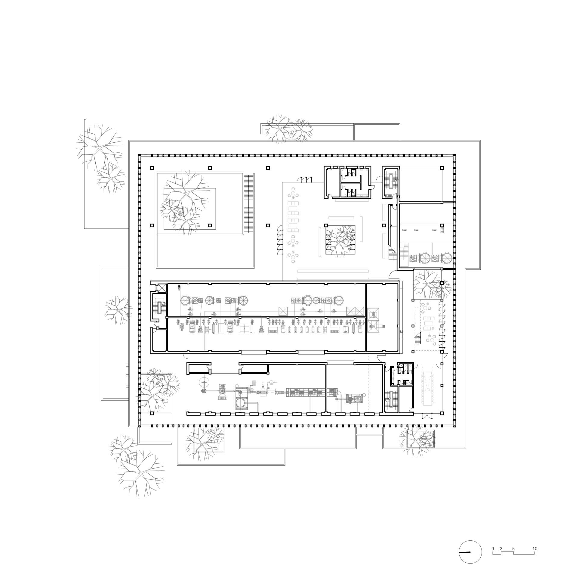 Floor plan drawing showing a rectangular perimeter colonnade enclosing courtyards and a central dining hall with furniture