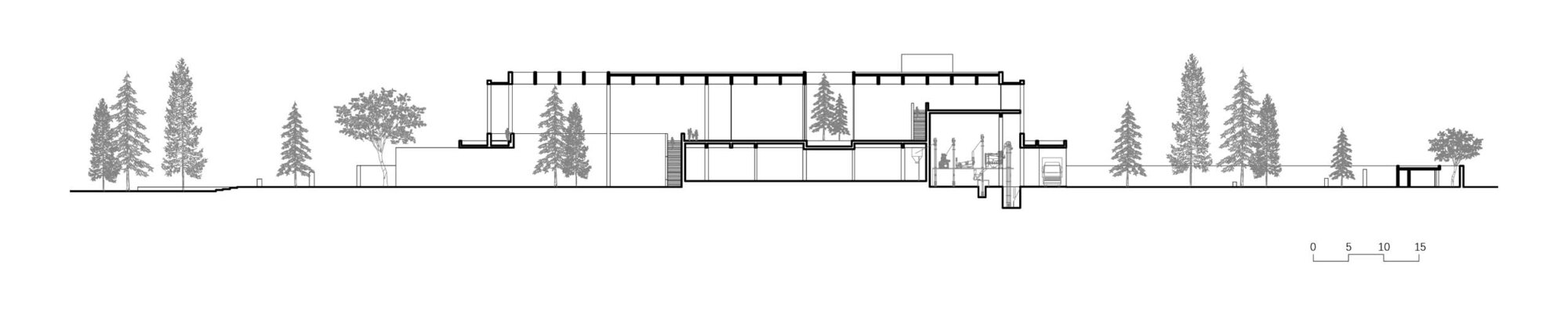 Elevation drawing of the low horizontal volume with rooftop trees nestled among surrounding evergreens