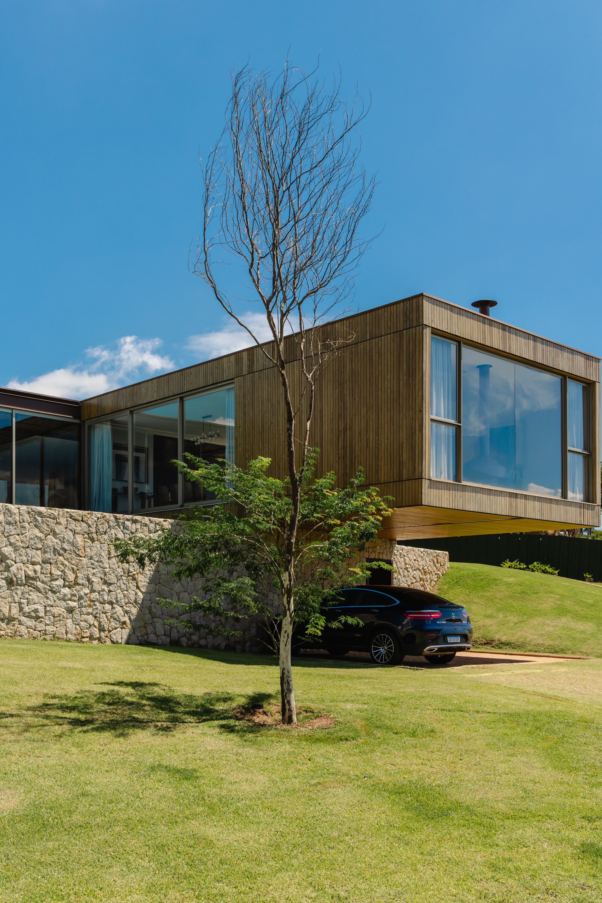 Cantilevered timber volume with floor-to-ceiling windows and bare tree in foreground on clear day