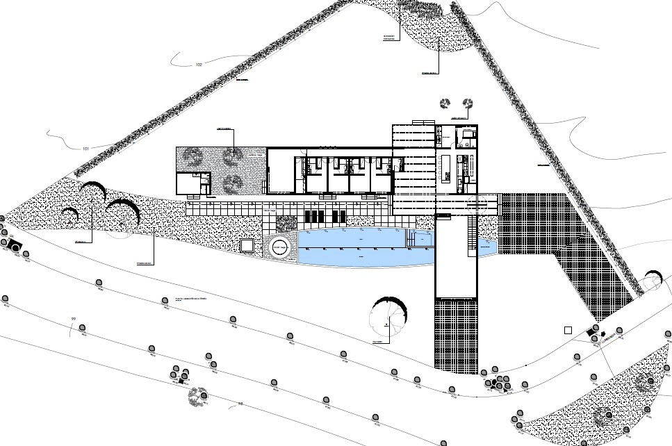 Site plan drawing showing an L-shaped building with a swimming pool and landscaped grounds on a triangular plot