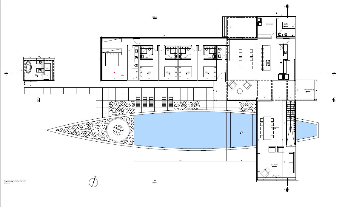 Floor plan drawing depicting bedrooms along a linear wing and a central swimming pool with adjacent living spaces
