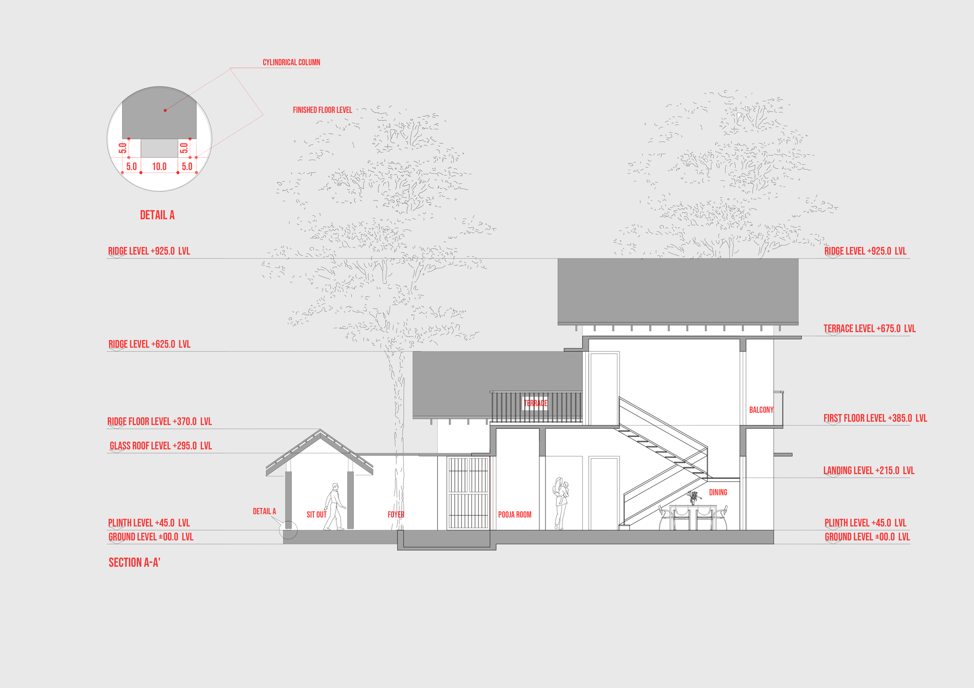 Section drawing revealing multilevel volumes with exterior staircase and surrounding trees